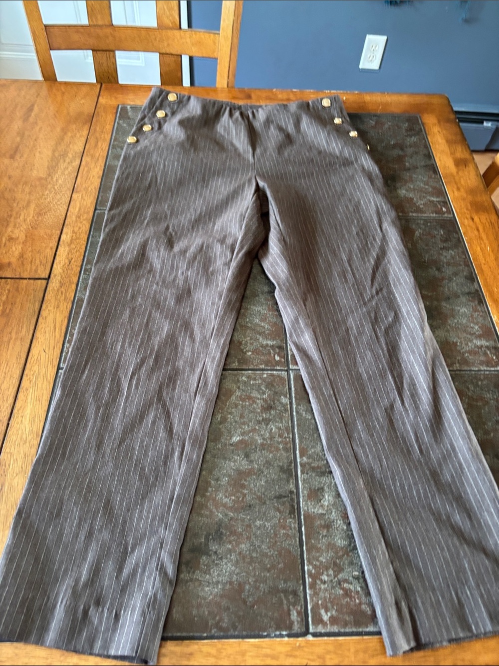 Zac & Rachel Brown Pinstripe Ankle Pants with Gold Buttons